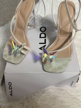 ALDO Iridescent Butterfly Strap Heels in Pale Green Glitter